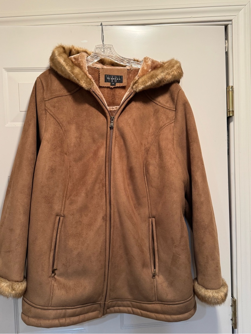 Braetan Faux Suede Teddy Jacket in Brown with Fur Trim